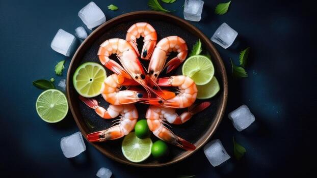 Fresh shrimps with ice and lime on dark background, top view. Concept of healthy food. photo
