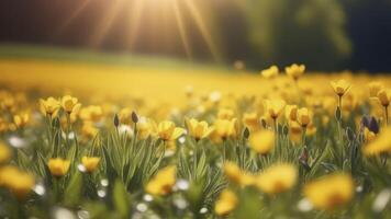 hermosa campo de amarillo flores en el puesta de sol ligero. foto