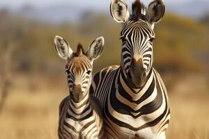 Portrait of a zebra with young little child zebra standing against a green bush photo