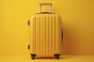 Stylish travel bag, suitcase on color yellow background. photo