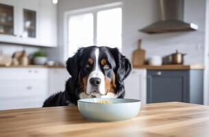 Beautiful cute brown Bernese Mountain dog puppy lying on the flour photo