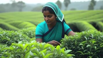 Indian woman collecting tea leaves into basket at plantation. Plantation worker. photo