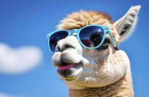 A portrait of funny Alpaca animal with sun glasses grazing on green field on blue sky photo