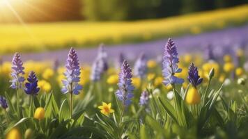 hermosa campo de amarillo y purpúreo flores en el puesta de sol ligero. foto