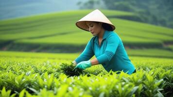 vietnamita mujer coleccionar té hojas dentro cesta en plantación. plantación obrero. foto