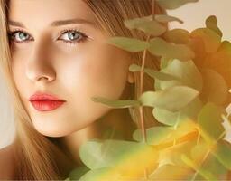 Beauty, makeup and hairstyle, face portrait of beautiful woman with green leaves branch, red lipstick makeup for skincare cosmetics and fashion look photo