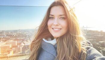 Happy smiling young woman travelling in an old european city, city view of Antwerp, Belgium photo