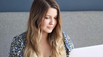 hermosa mujer trabajando a computadora escritorio, desde hogar, hembra estudiante maestros la licenciatura curso, ordenador portátil para aprendizaje electrónico, Universidad educación, idioma colegio o en línea compras foto