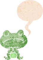 dessin animé grenouille avec discours bulle dans grunge affligé rétro texturé style png