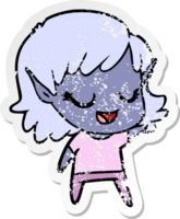 distressed sticker of a happy cartoon elf girl png