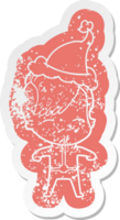 quirky cartoon distressed sticker of a girl wearing futuristic clothes wearing santa hat png