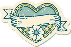 iconic distressed sticker tattoo style image of a heart and banner with flowers png