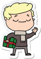 sticker of a cartoon man carrying christmas present waving png