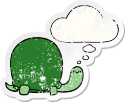 cute cartoon tortoise with thought bubble as a distressed worn sticker png