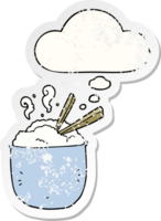cartoon bowl of rice with thought bubble as a distressed worn sticker png