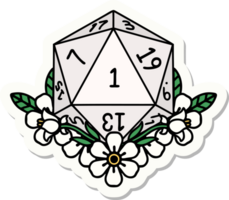 sticker of a natural one dice roll with floral elements png