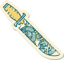 iconic distressed sticker tattoo style image of a dagger and flowers png