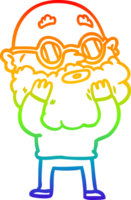 rainbow gradient line drawing of a cartoon curious man with beard and sunglasses png
