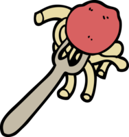 hand drawn doodle style cartoon spaghetti and meatballs on fork png