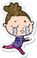 distressed sticker of a cartoon crying woman png