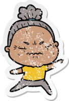 distressed sticker of a cartoon annoyed old lady png
