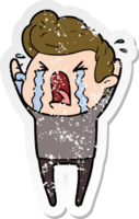 distressed sticker of a cartoon crying man png