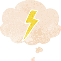 cartoon lightning bolt with thought bubble in grunge distressed retro textured style png