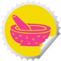 circular peeling sticker quirky cartoon pestle and mortar png