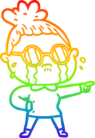 rainbow gradient line drawing of a cartoon crying woman wearing spectacles png