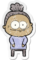 distressed sticker of a cartoon happy old woman png