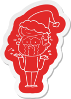 excentrique dessin animé autocollant de une pleurs homme portant Père Noël chapeau png