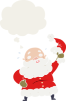 cartoon santa claus waving hat with thought bubble in retro style png