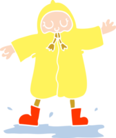 flat color illustration cartoon person splashing in puddle wearing rain coat png