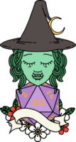 Retro Tattoo Style half orc witch character with natural twenty dice roll png