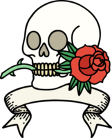 tatuaje tradicional con pancarta de calavera y rosa png