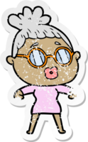 distressed sticker of a cartoon woman wearing spectacles png