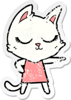 distressed sticker of a calm cartoon cat girl pointing png