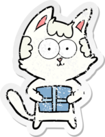 distressed sticker of a happy cartoon cat with present png