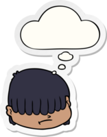 cartoon face with hair over eyes with thought bubble as a printed sticker png