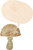 cartoon mushroom with speech bubble in grunge distressed retro textured style png