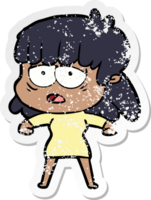 distressed sticker of a cartoon tired woman png