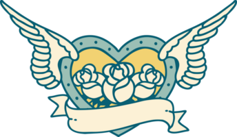 imagen icónica de estilo tatuaje de un corazón volador con flores y pancartas png