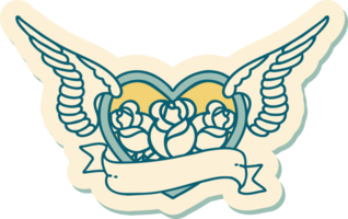 sticker of tattoo in traditional style of a flying heart with flowers and banner png