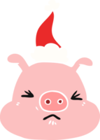 mano dibujado plano color ilustración de un enojado cerdo cara vistiendo Papa Noel sombrero png