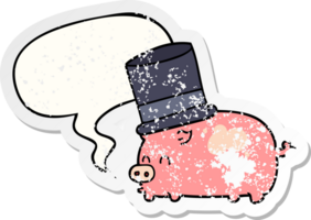 cartoon pig wearing top hat with speech bubble distressed distressed old sticker png