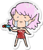 distressed sticker of a cartoon crying elf girl png