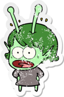 distressed sticker of a cartoon shocked alien girl png