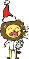 hand drawn line drawing of a roaring lion doctor wearing santa hat png