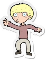 sticker of a cartoon boy waving warning png