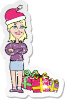 retro distressed sticker of a cartoon woman ready for christmas png